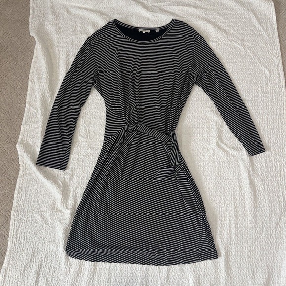 Vince Women L Dress Striped Wrap Long Sleeve Black White Round Neck Lined Knee - Picture 11 of 16